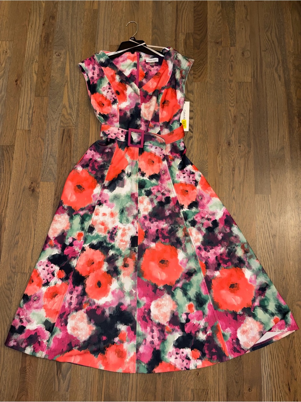 NWT Calvin Klein Size 2 Floral Fit & Flare Midi Dress Belted V-Neck - Picture 2 of 9